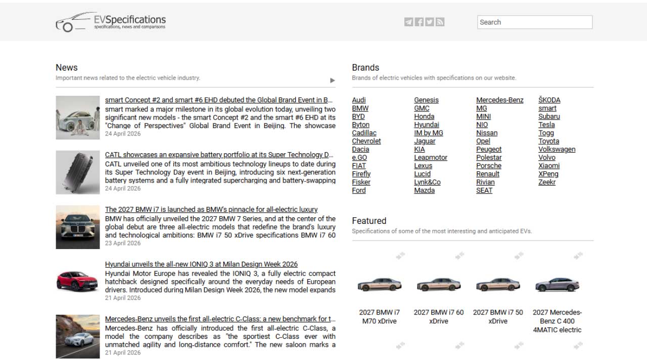 EVSpecifications technical specs page showing detailed electric vehicle data and news