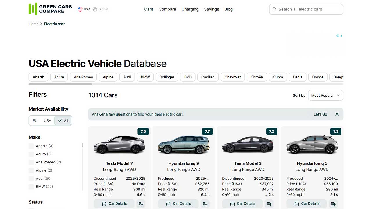 GreenCarsCompare side-by-side electric vehicle comparison tool interface