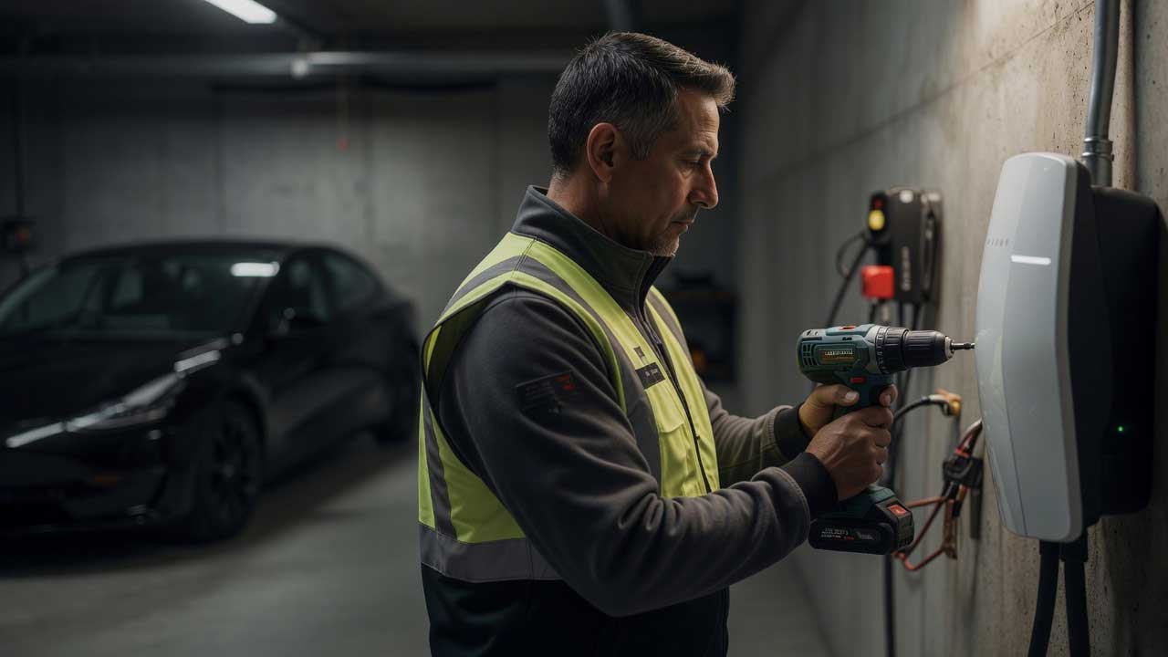 electrician installing a Tesla EV charger in the garage
